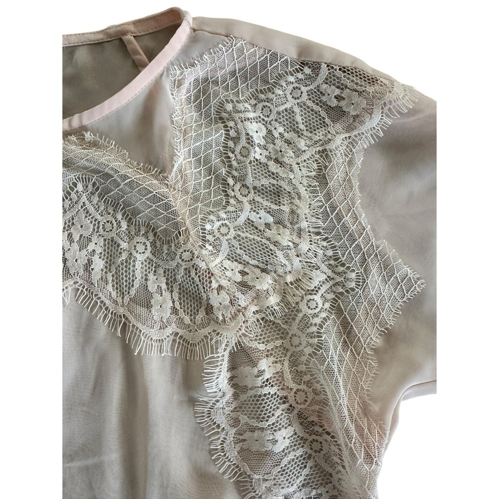 NWT Lauren Conrad Powder Room Blouse Size M Womens Cream Tan Lace Insert Chiffon - Picture 8 of 11